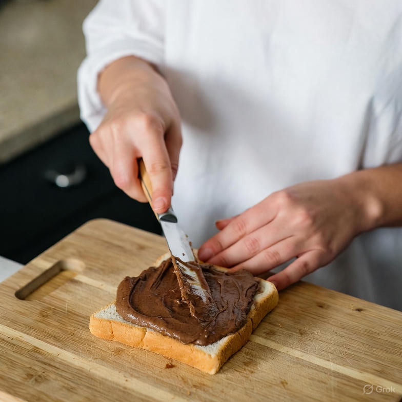 Person spreading chocolate spread on a slice of bread with a knife.